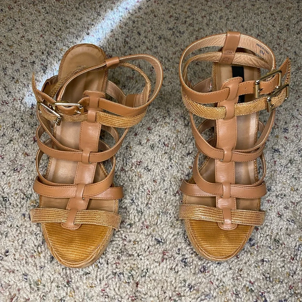 Ann Taylor Camel Brown Leather Strappy Open Toe Sandal Wedges